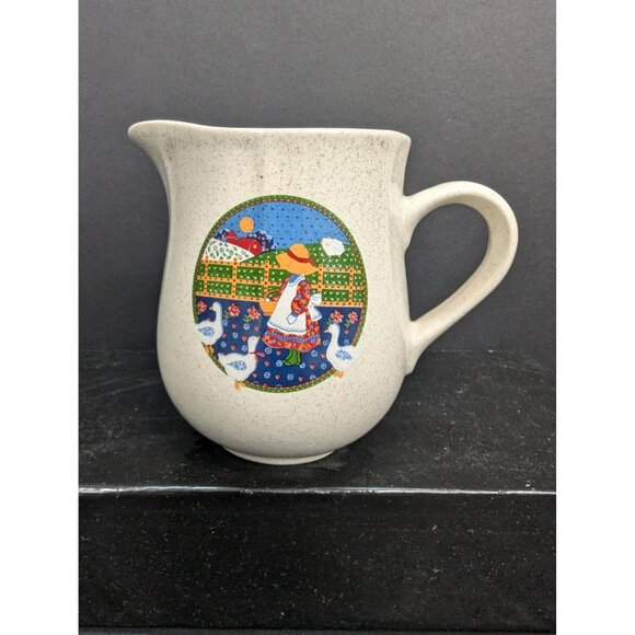 Market Square Plain & Fancy Stoneware 8 Oz Cream Jug Goose Girl w/Basket - Picture 1 of 7